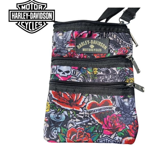 HARLEY-DAVIDSON X-Body Sling Bag adjustable Strap Tatoo Design 3 zips - Picture 2 of 4